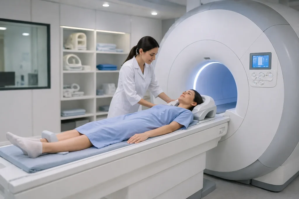Пациентка проходит подготовку к МРТ в современной клинике ANAMED | ANAMED klinikasida bemor MRT tekshiruviga tayyorlanmoqda