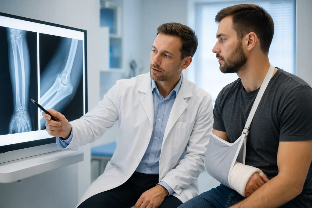 Врач показывает пациенту рентгеновский снимок после травмы в клинике ANAMED | ANAMED klinikasida jarohatdan keyin bemorga rentgen tekshiruvi tushuntirilmoqda