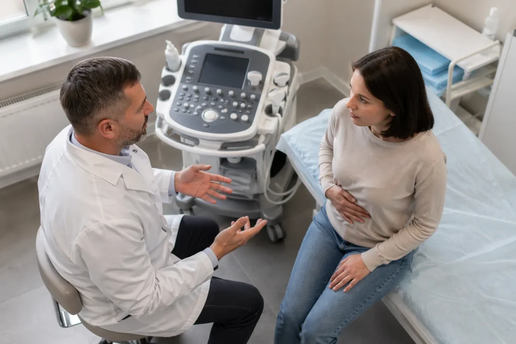 Врач объясняет пациентке правила подготовки к УЗИ брюшной полости в клинике ANAMED | ANAMED klinikasida shifokor bemorga qorin bo‘shlig‘i UZI tekshiruviga tayyorgarlik qoidalarini tushuntirmoqda