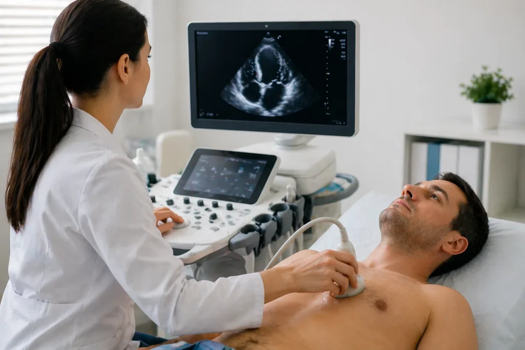 Врач проводит УЗИ сердца пациентке в клинике ANAMED | ANAMED klinikasida shifokor bemorga yurak UTT tekshiruvini o‘tkazmoqda