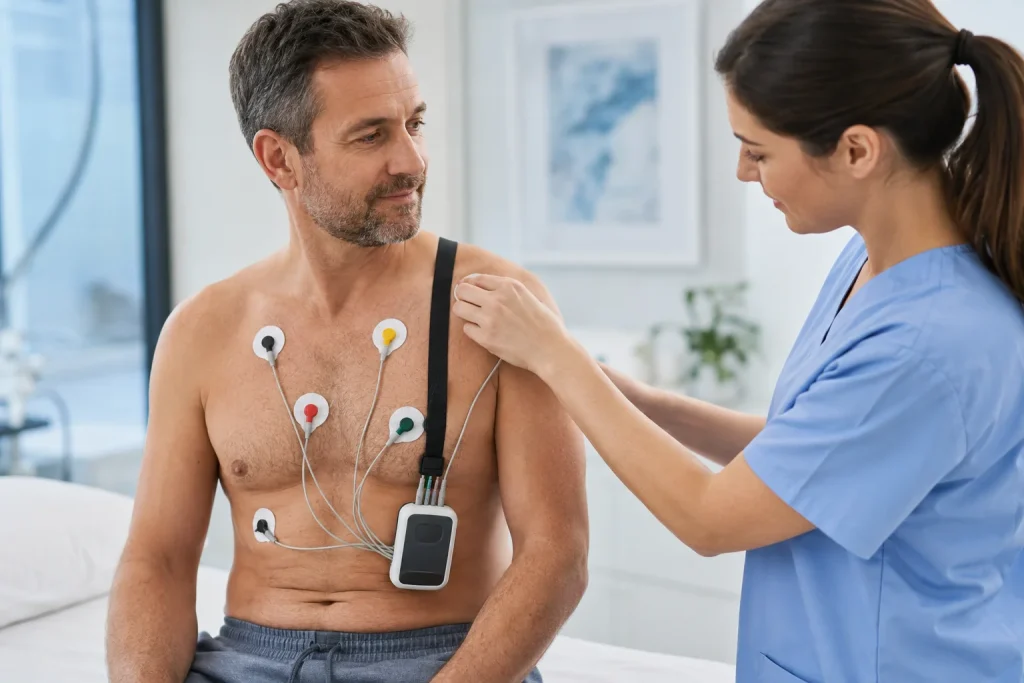 Холтеровское мониторирование ЭКГ в клинике ANAMED в Намангане, пациент проходит суточную диагностику сердца | Namangandagi ANAMED klinikasida Holter EKG monitoring tekshiruvi