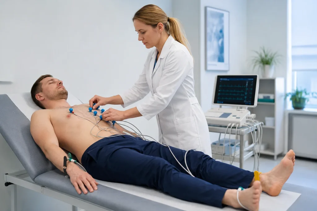 ЭКГ диагностика в клинике ANAMED в Намангане, врач проводит электрокардиографию пациенту для оценки работы сердца | Namangandagi ANAMED klinikasida EKG diagnostikasi, shifokor bemorning yurak faoliyatini baholash uchun elektrokardiografiya tekshiruvini o‘tkazmoqda