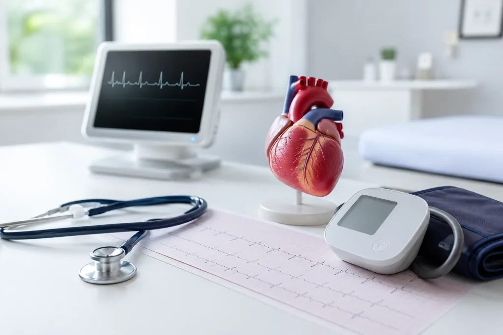 Кардиологическая диагностика в клинике ANAMED в Намангане, модель сердца, ЭКГ-монитор, стетоскоп и оборудование для обследования сердца | Namangandagi ANAMED klinikasida kardiologik diagnostika, yurak modeli, EKG monitori, stetoskop va yurakni tekshirish uskunalari