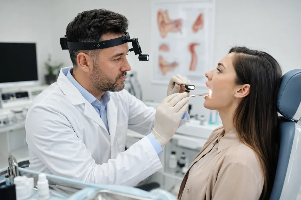 ЛОР-врач в клинике ANAMED в Намангане проводит осмотр горла пациентки на приёме | Namangandagi ANAMED klinikasida LOR shifokori qabul vaqtida bemorning tomog‘ini tekshirmoqda