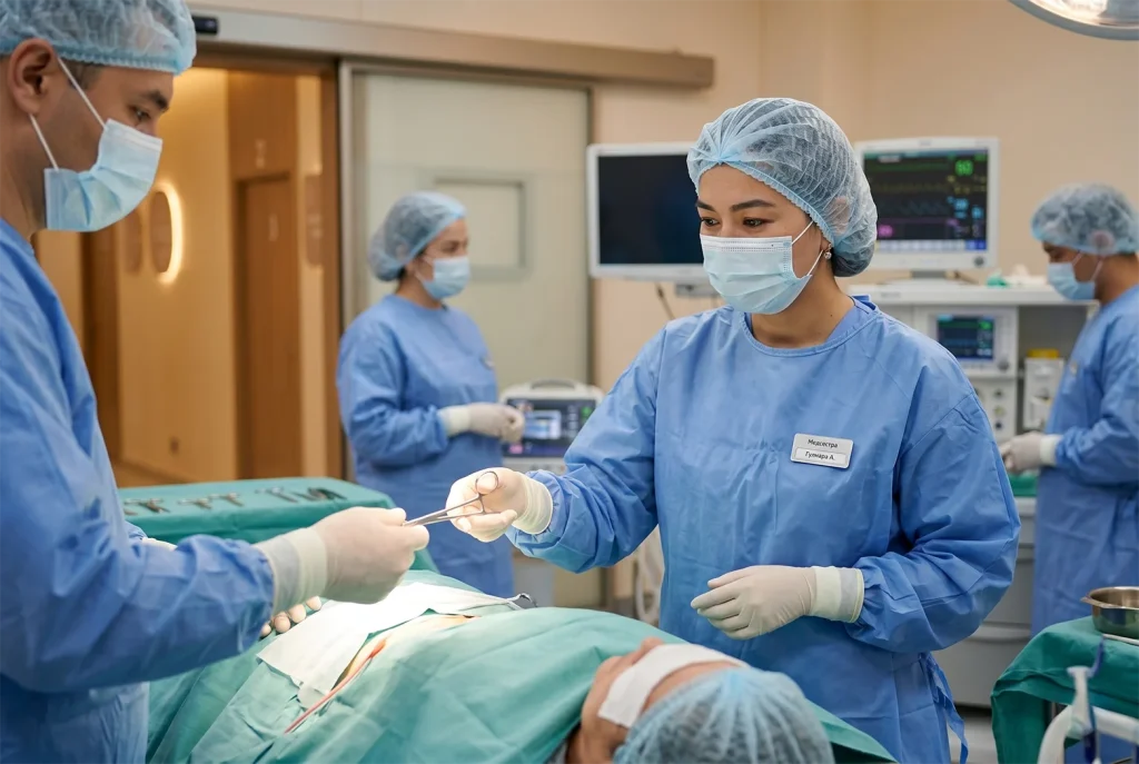 ANAMED tibbiyot markazida operatsiya vaqtida shifokor va hamshiralar jarayonga tayyorgarlik ko‘rmoqda.