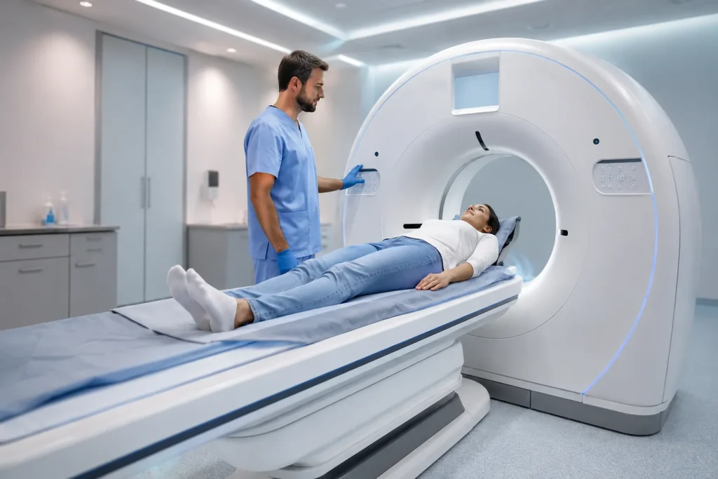 МСКТ диагностика в клинике ANAMED в Намангане, пациент проходит обследование на современном томографе | Namangandagi ANAMED klinikasida MSKT diagnostikasi, bemor zamonaviy tomografda tekshiruvdan o‘tmoqda