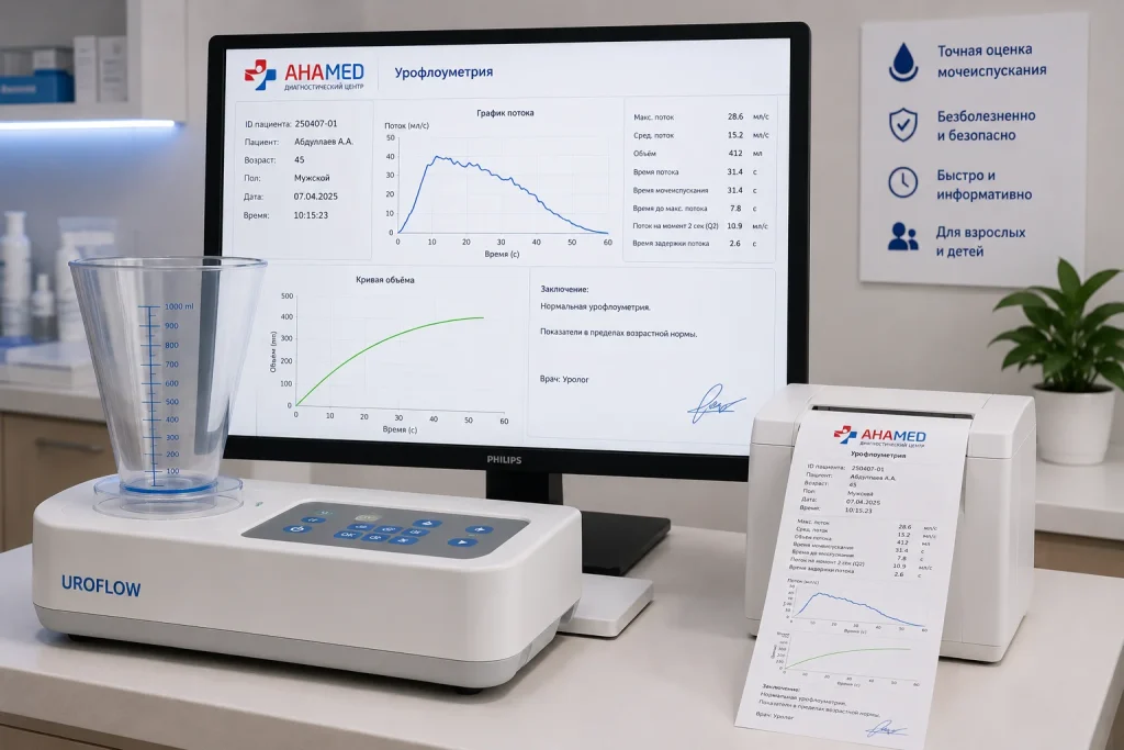 Урофлоуметрия в ANAMED: современное оборудование показывает график и показатели мочеиспускания на экране | ANAMED klinikasida uroflometriya: zamonaviy uskuna ekranda siydik chiqarish grafigi va ko‘rsatkichlarini ko‘rsatmoqda